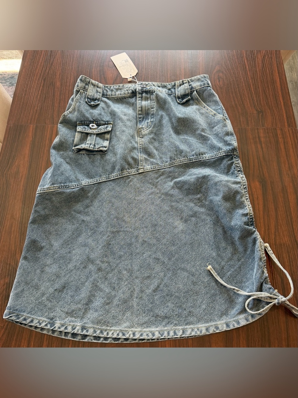 Unbranded Women’s Denim Cargo Utility Midi Skirt Drawstring Ruched Side Size L